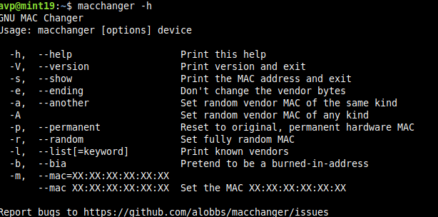 using the help option in macchanger