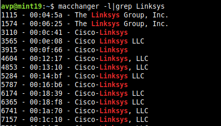 filtering the vendor list using macchanger