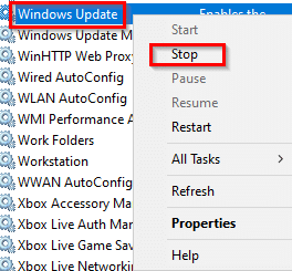 stopping the Windows Update service in Windows 10