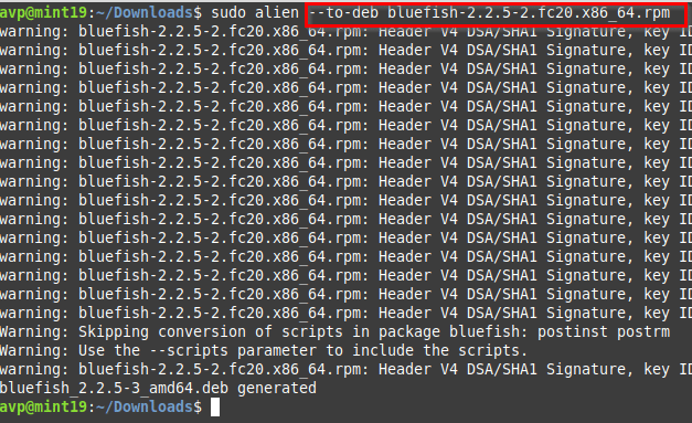 convert rpm packages to deb using alien