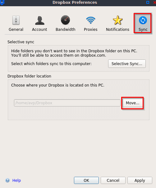 accessing Sync settings for Dropbox client in Linux