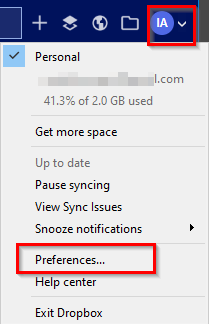 accessing Dropbox preferences in Windows