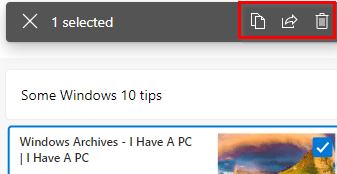 choosing individual items from the collection to share or delete in the new Microsoft Edge browser