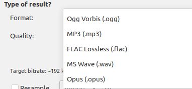 different available output audio formats in Sound Converter