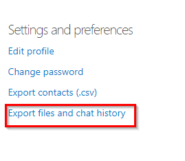 Skype account data export settings