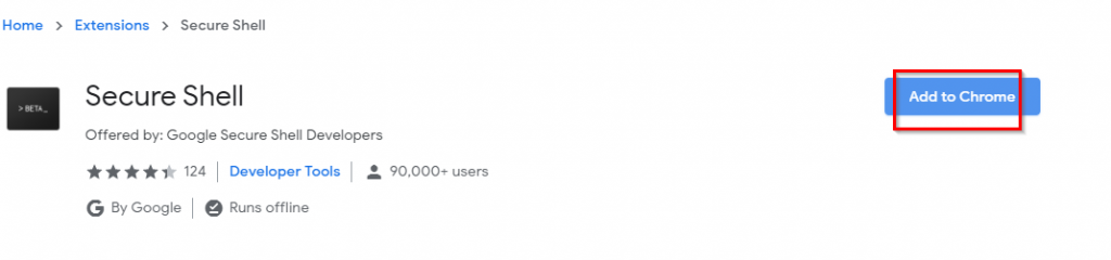 Secure Shell Chrome add-on page