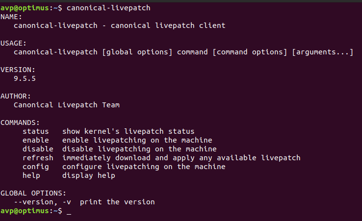 a list of commands for Canonical Livepatch Service 