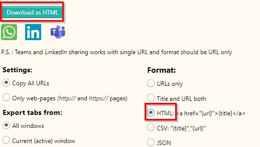 exporting tab links as an HTML file using Group tabs & share