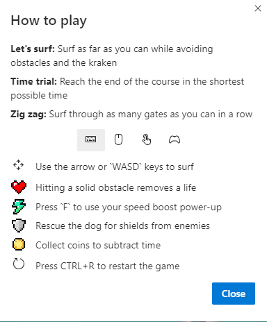 instructions for playing the Surf game in Edge