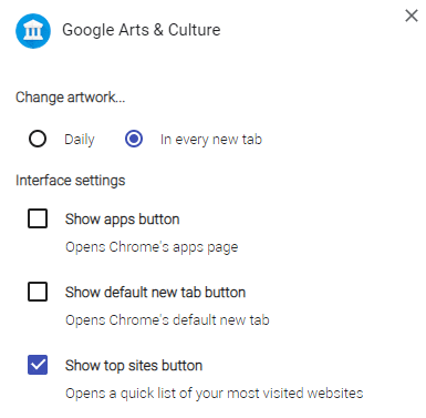 change interface and artwork display settings through options in Google Arts & Culture add-on