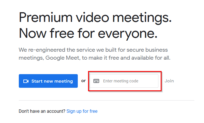 joining a meeting from the Google Meet homepage