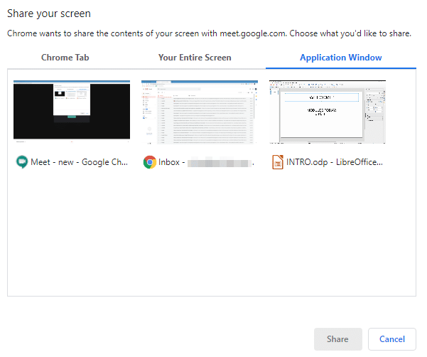 Google Chrome presentation options when using Google Meet