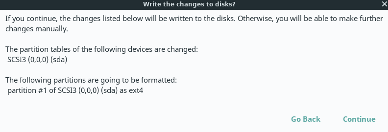 confirm formatting partitions to install Linux Lite