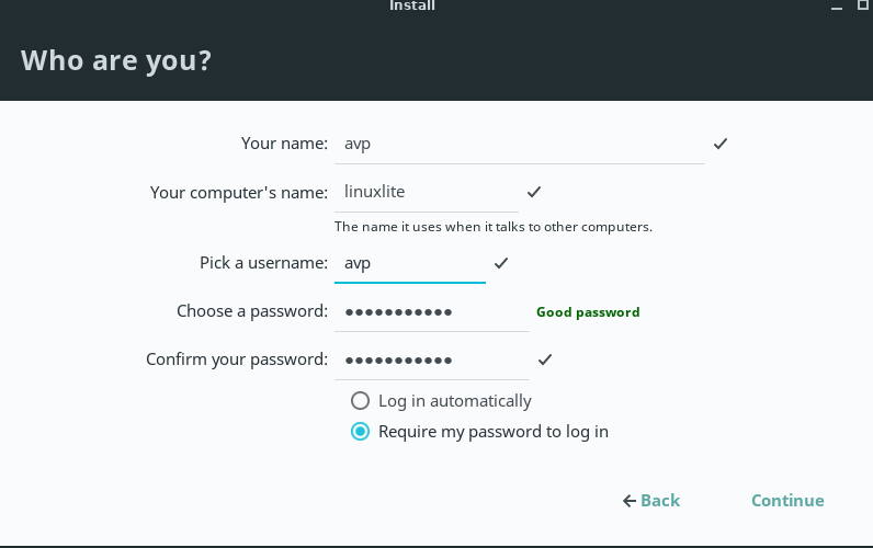 choosing a user name and password during Linux Lite installation