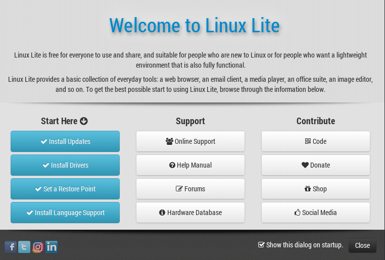 startup screen for common system tasks after logging into Linux Lite