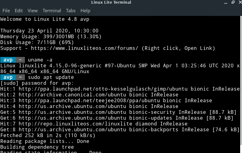 using the Linux Terminal to install updates in Linux Lite