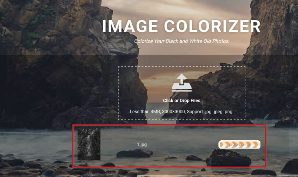 Image Colorizer processing the uploaded black and white image