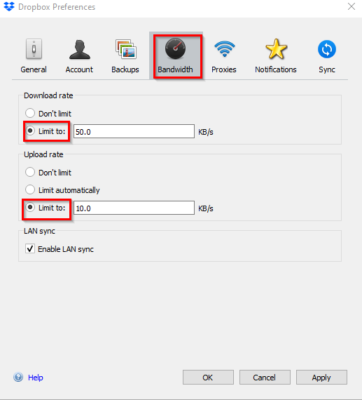 changing bandwidth settings for Dropbox in Windows