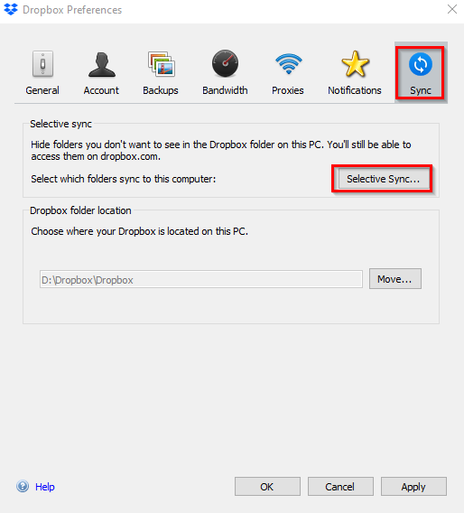 configuring sync settings in Dropbox for Windows