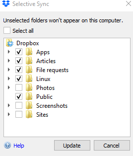 choosing which files and folders to sync locally in Dropbox for Windows