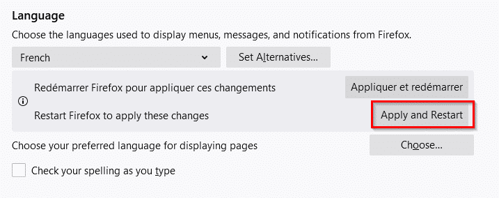 restarting Firefox to apply the language changes