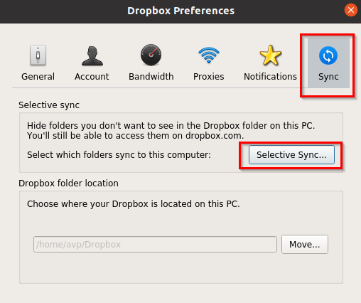 changing sync settings for Dropbox in Linux