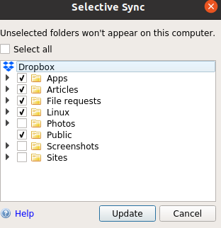 choosing folders for selective sync in Dropbox for Linux