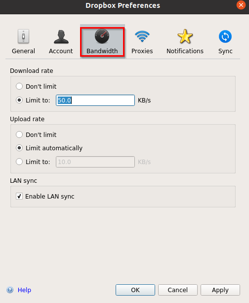 changing bandwidth settings in Dropbox for Linux