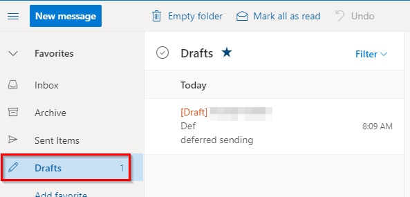 scheduled send messages are in Drafts folder in Outlook.com