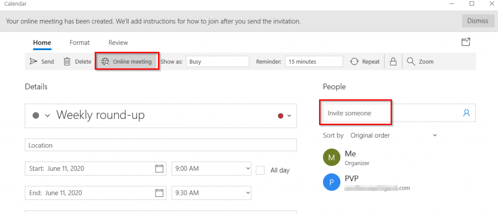 organizing an online meeting using the Calendar app in Windows 10