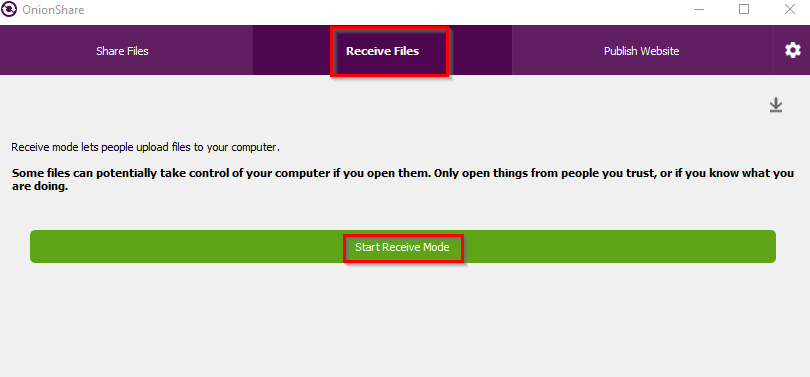 enable receive mode in OnionShare 