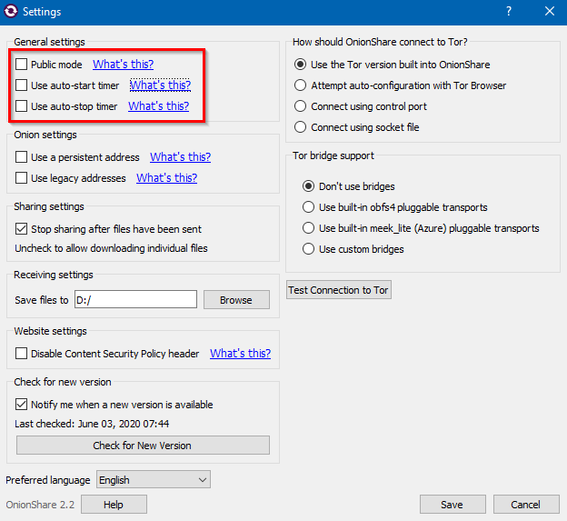 enabling timer for sending and receiving using OnionShare 