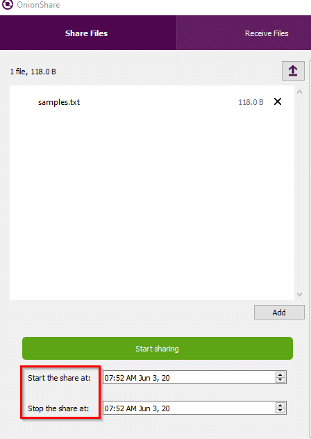 auto start timer for sharing files in OnionShare 
