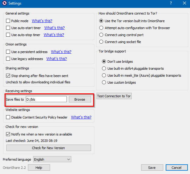 changing receiving folder path from OnionShare settings