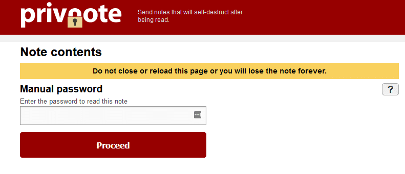 entering the password to view notes created using Privnote