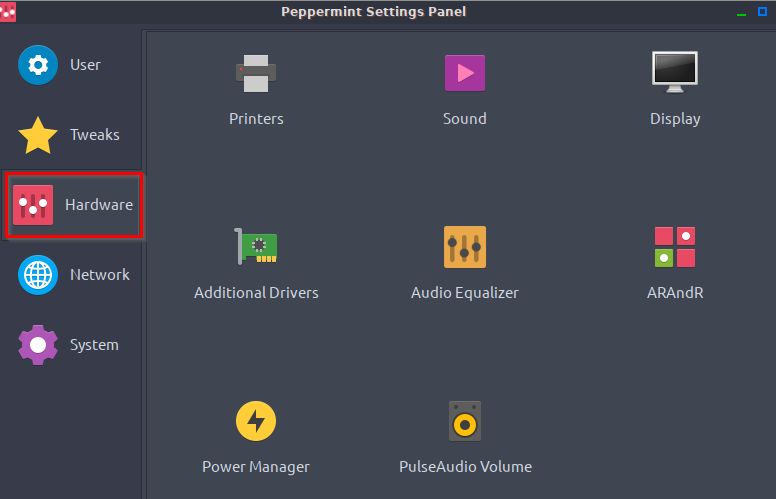 Hardware settings in Peppermint 