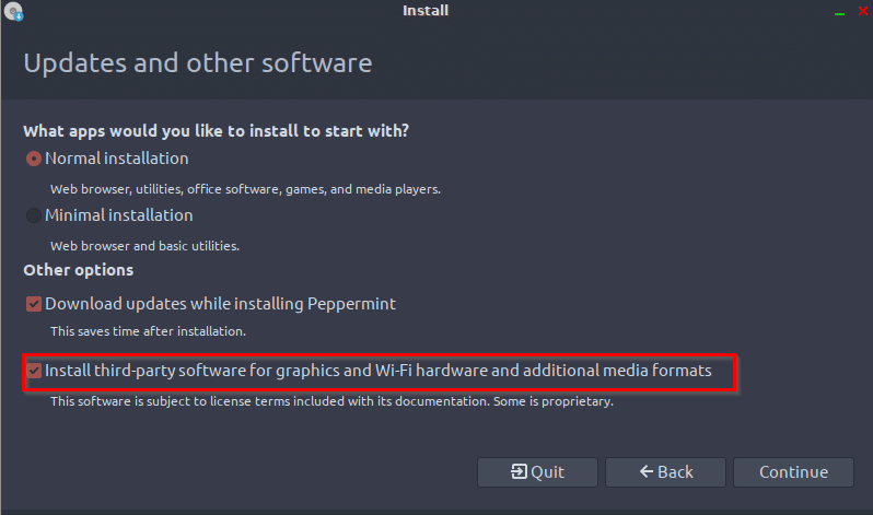 choosing installation type and selecting third-party software for installing in Peppermint