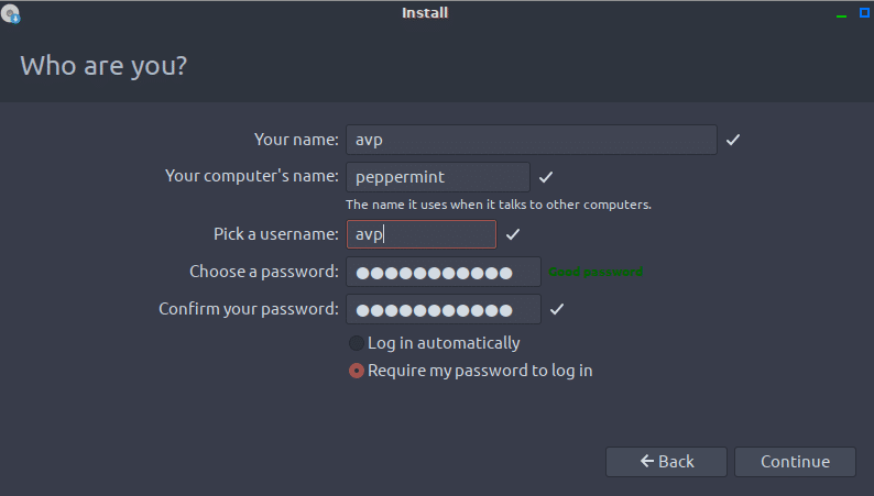 adding user during Peppermint installation