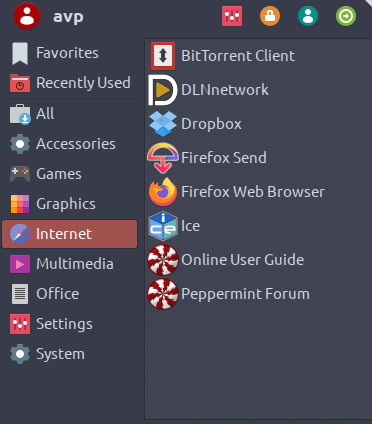 Internet menu in Peppermint