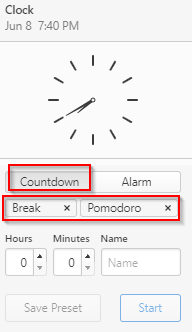 options of break and pomodoro in the countdown section 