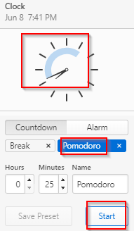 starting a pomodoro session in Vivaldi