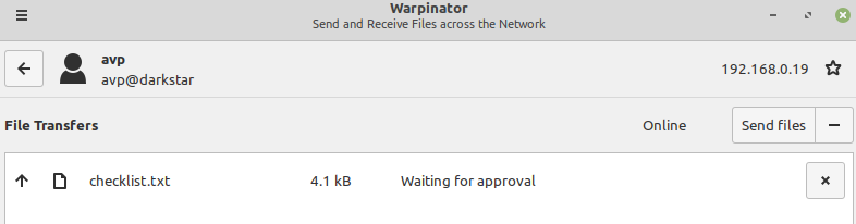 files waiting to be received at the remote end using Warpinator 