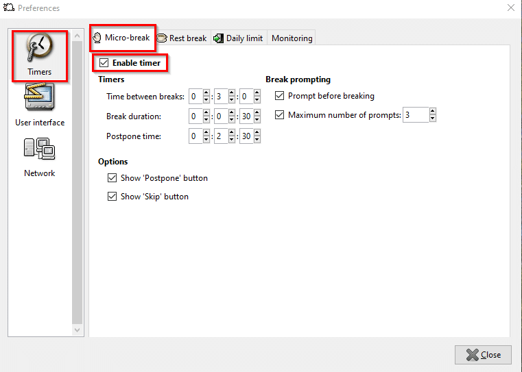 enabling or disabling breaks in Workrave