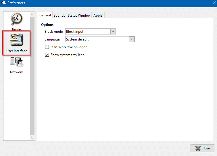 configuring user interface settings in Workrave