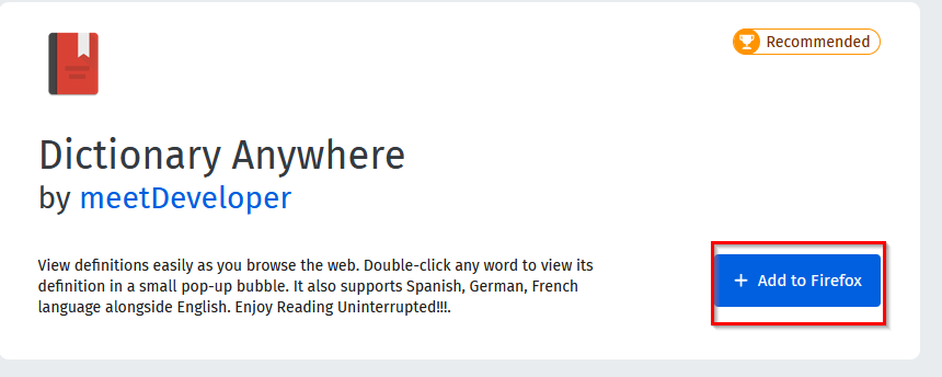 Dictionary Anywhere add-on for Firefox