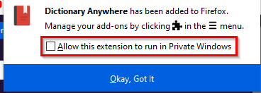 enabling Dictionary Anywhere to run in Private Windows
