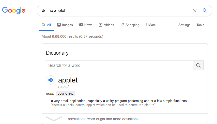 meaning of selected word displayed in Google search using Dictionary Anywhere add-on