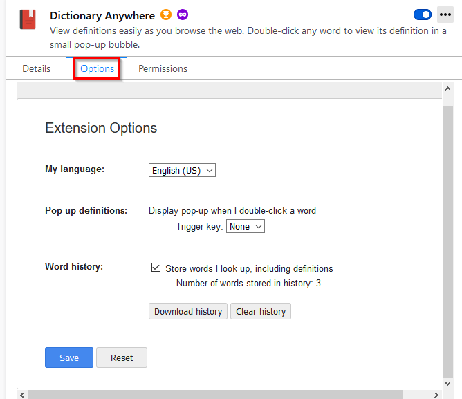 Dictionary Anywhere add-on options