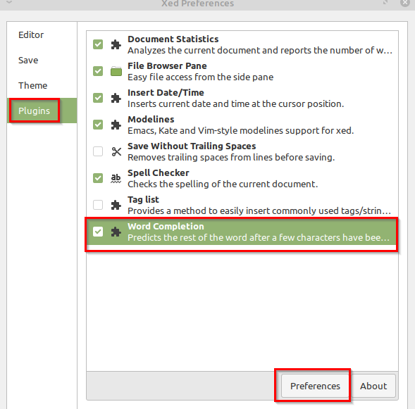 enabling the word completion plugin in xed text editor in linux mint