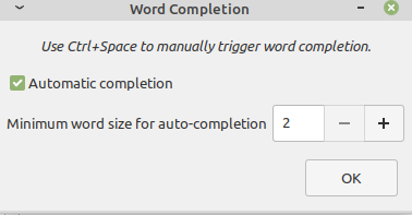 changing preferences for the word completion plugin for xed text editor